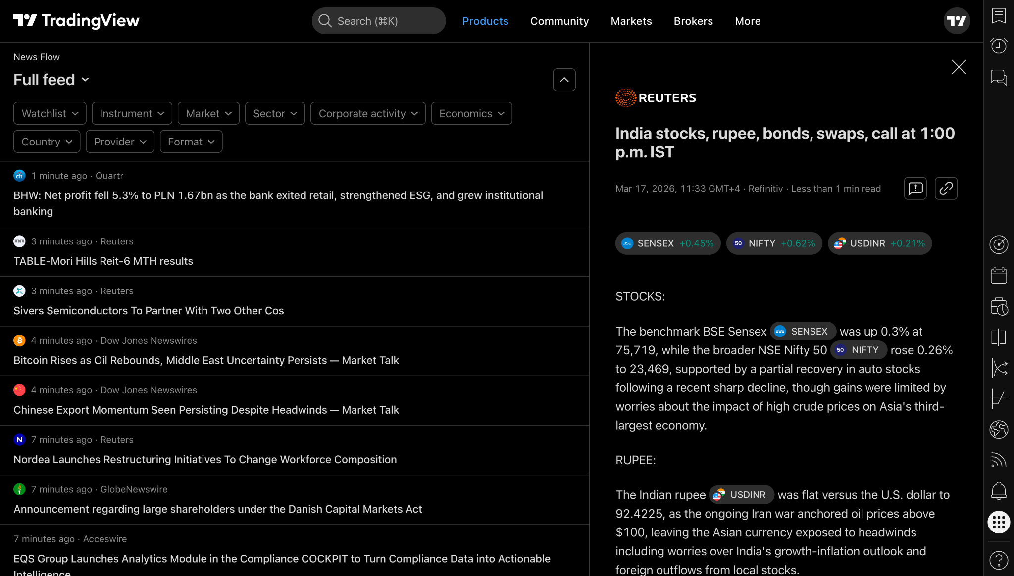 TradingView News Flow dashboard showing financial headlines